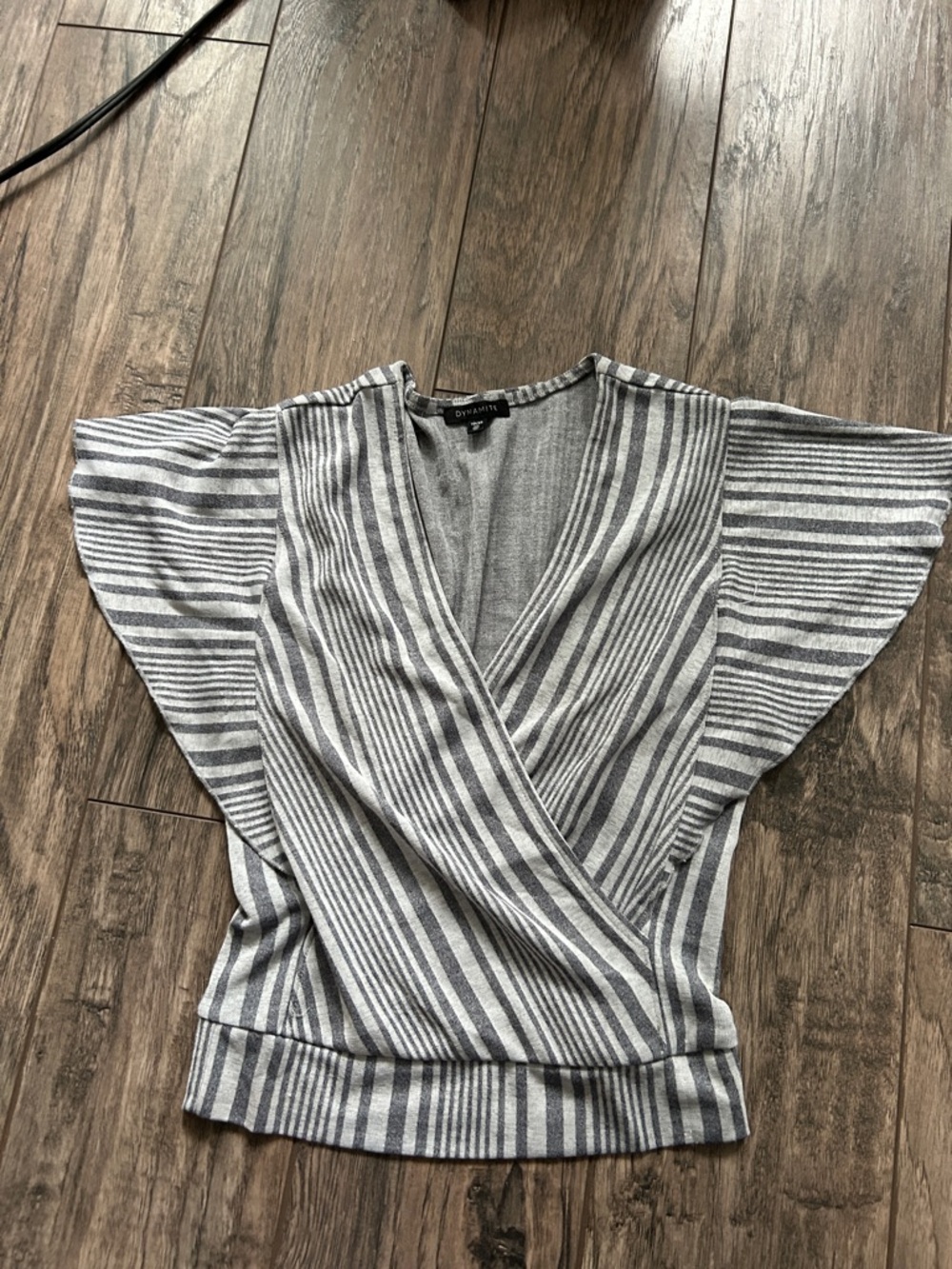 Dynamite Gray and Ivory Striped Wrap Top